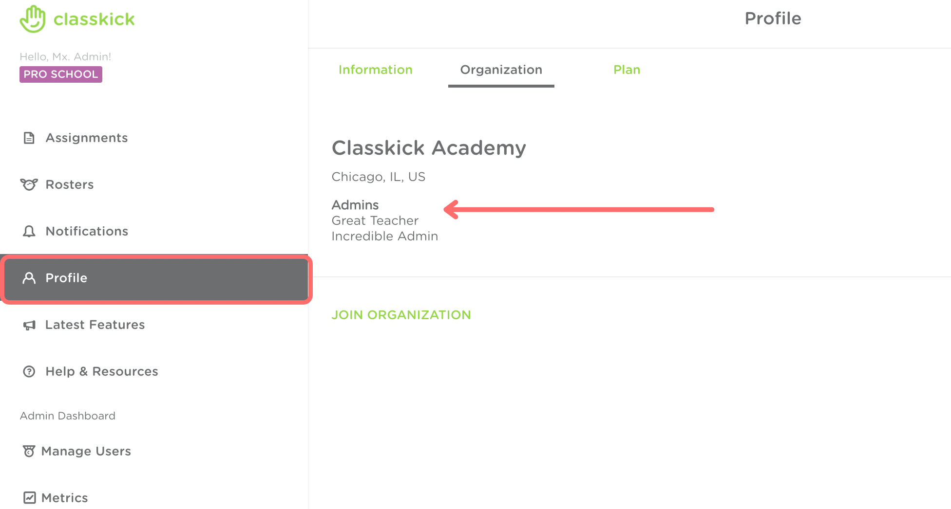 The Profile tab is highlighted in gray and outlined in red on the left hand side. A red arrow points to the admins, which are listed under organization.