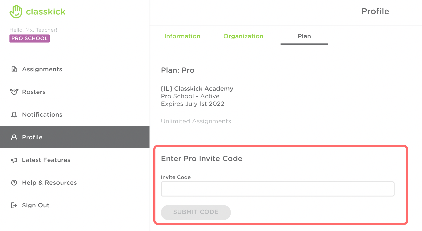 Teacher Profile and Plan tab is displayed. The text box for the teacher to input the Pro Invite Code is highlighted.