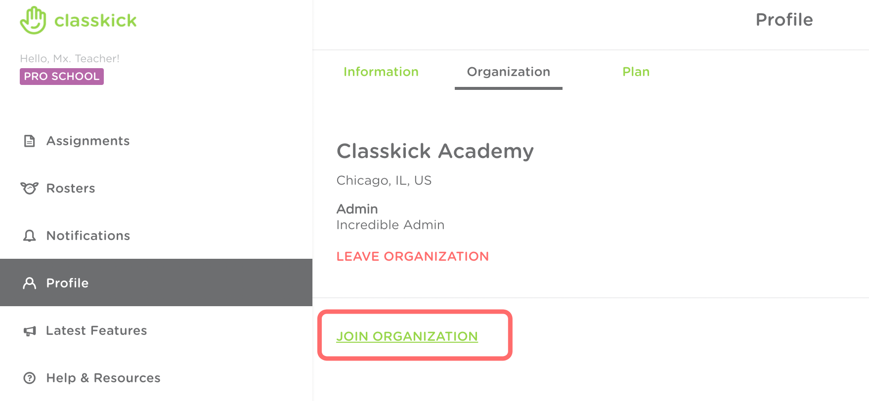 Teacher Profile and Organization tab is displayed. The Join Organization link is highlighted. This is where teachers click to manually search and join the correct organization.