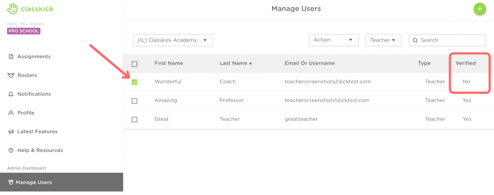 Manage users dashboard is shown. An arrow points to an unverified teacher.
