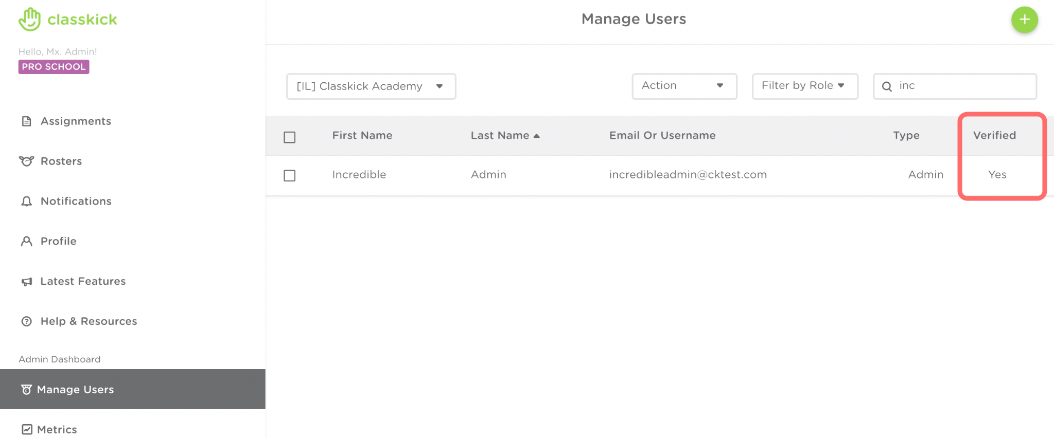 The Admin dashboard is shown. An admin is shown and the verified column is highlighted.