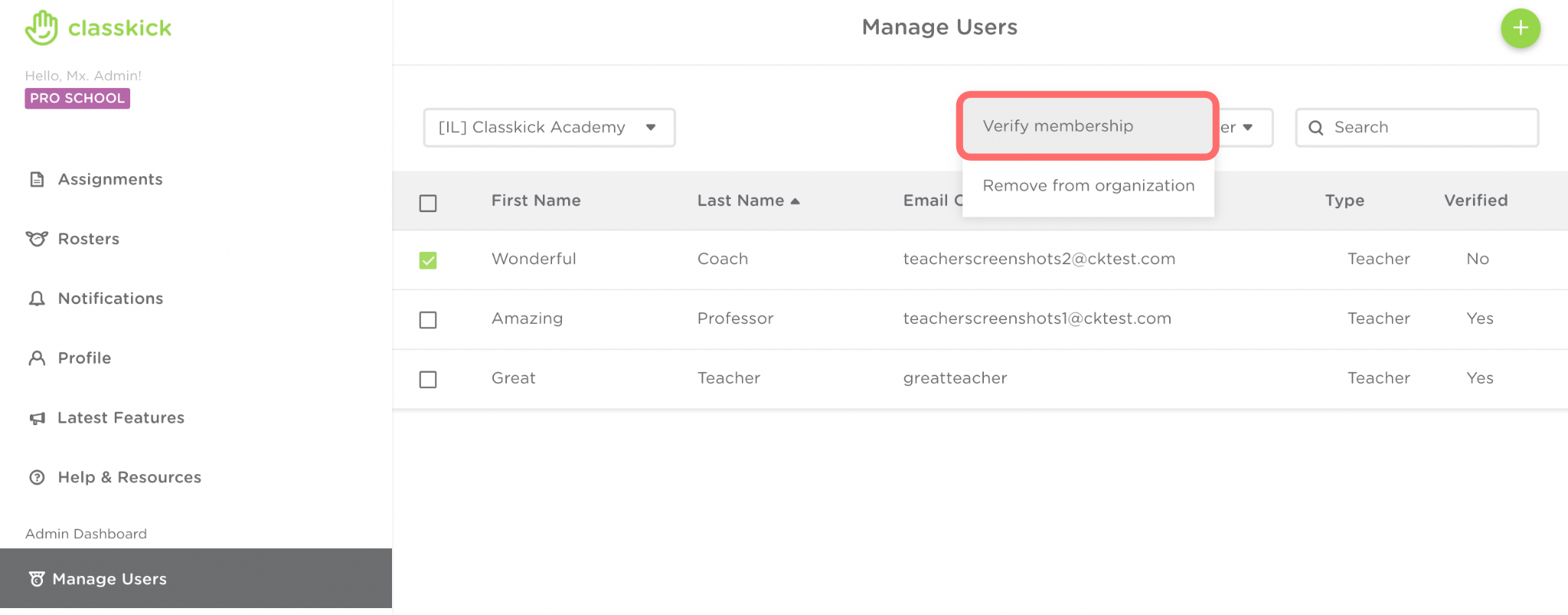 The checkbox for the unverified teacher is selected. The box to click on verify membership is highlighted.