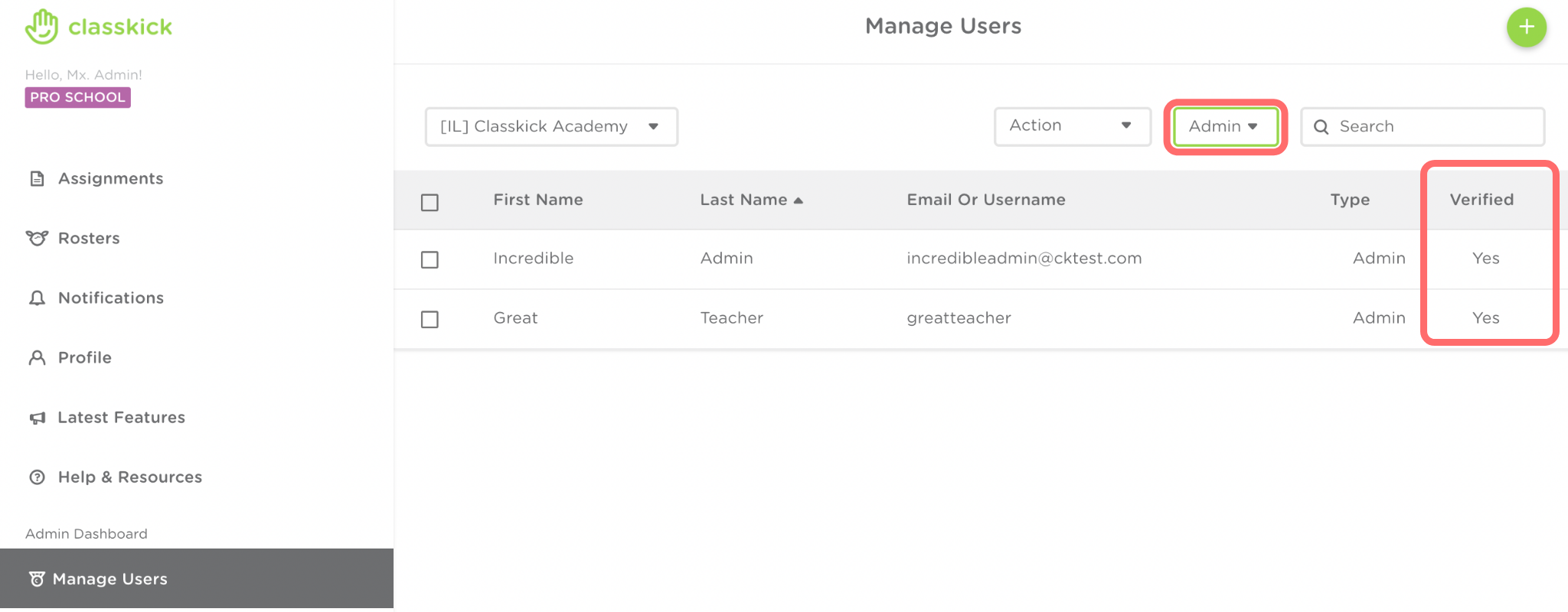 The Admin Dashboard is shown. The filter by role option is highlighted to show only Admin. The verified column is highlighted to show that admin are verified.