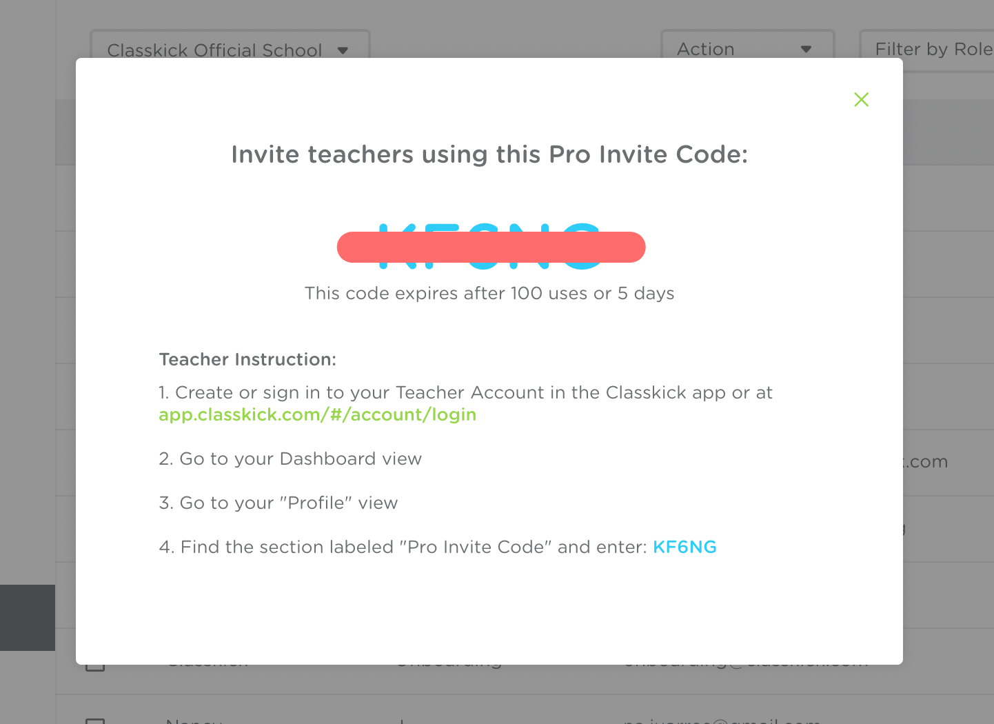 Sample pro invite code is shown with Teacher Instruction.