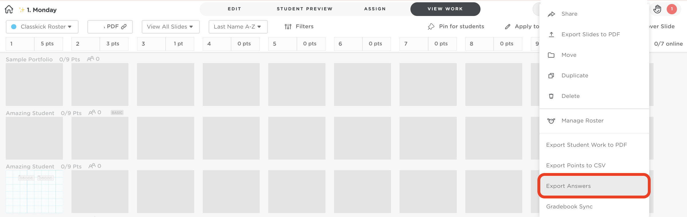 The view work mode on a teacher account with the Export Answers button highlighted in the dropdown menu.