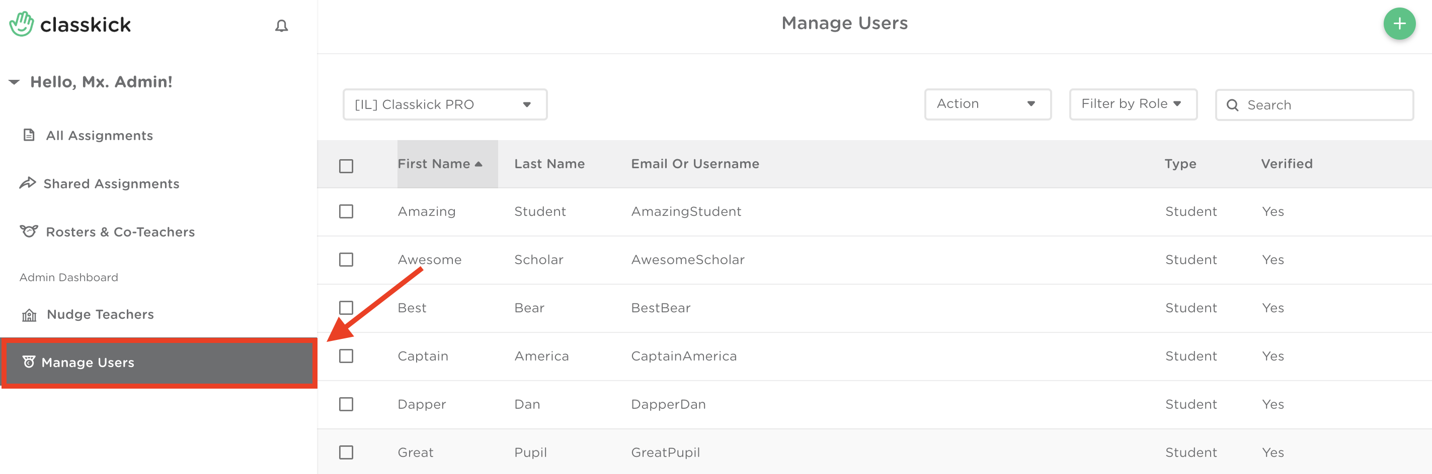 Admin dashboard with the Manage users tab highlighted.
