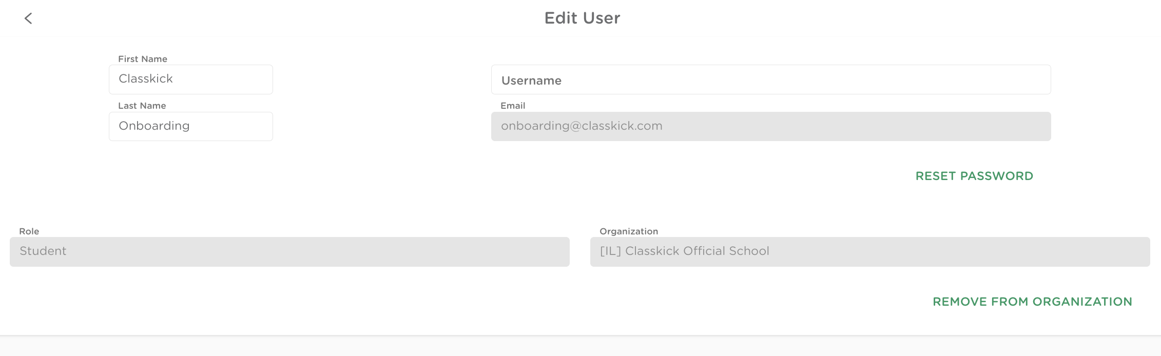 Edit user tab showcasing a student profile with the user information boxes.