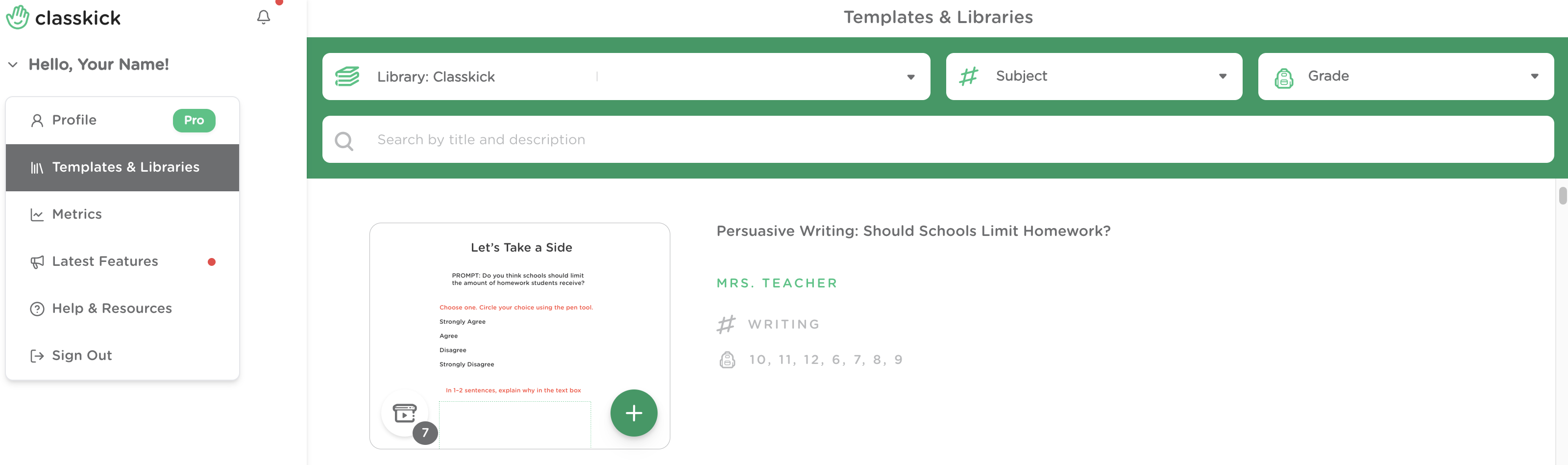 The Assignment Library page with the dropdown menu showing the Templates and Libraries.