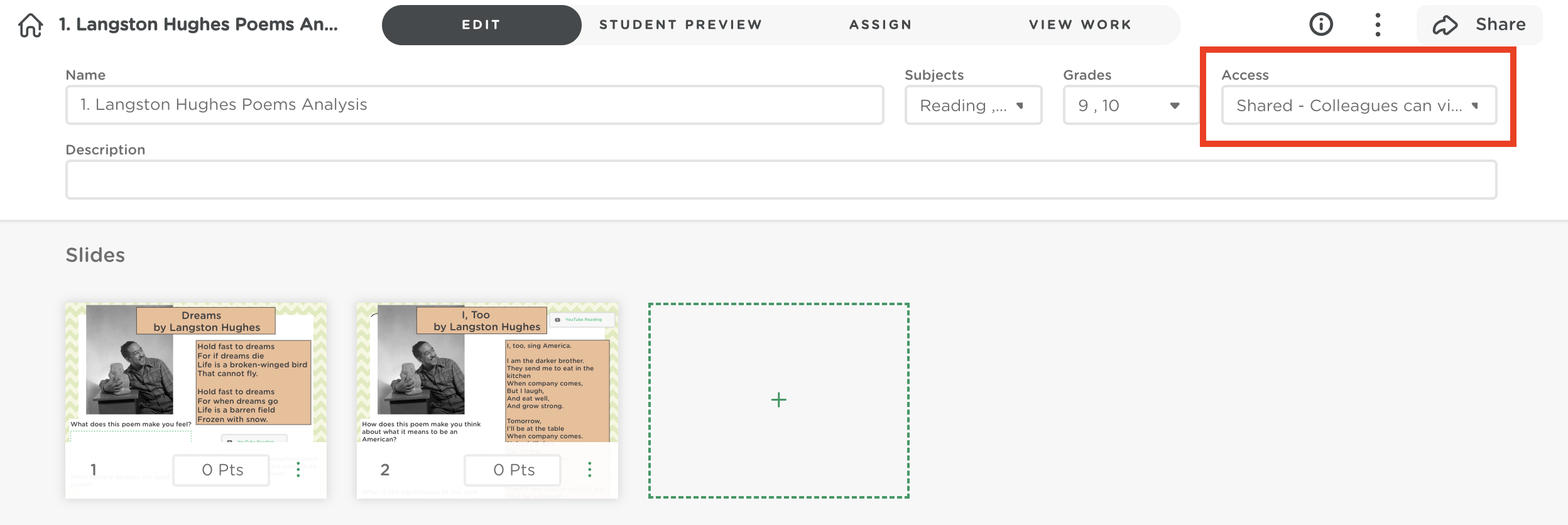 An assignment page with the share access highlighted.