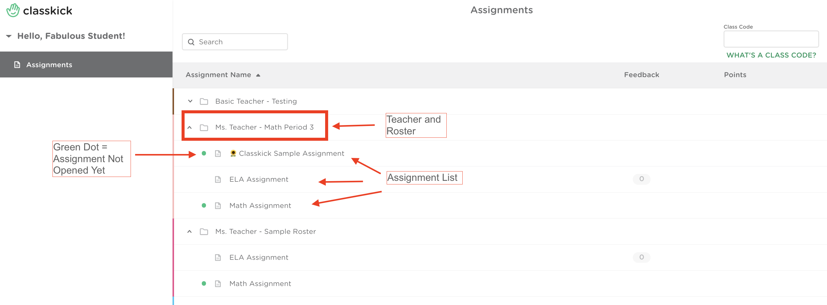Portfolio student dashboard showing assignments across classes. The green dot shows the assignment has not yet been opened. Student can see the teacher and roster name with the list of assignments beneath it.