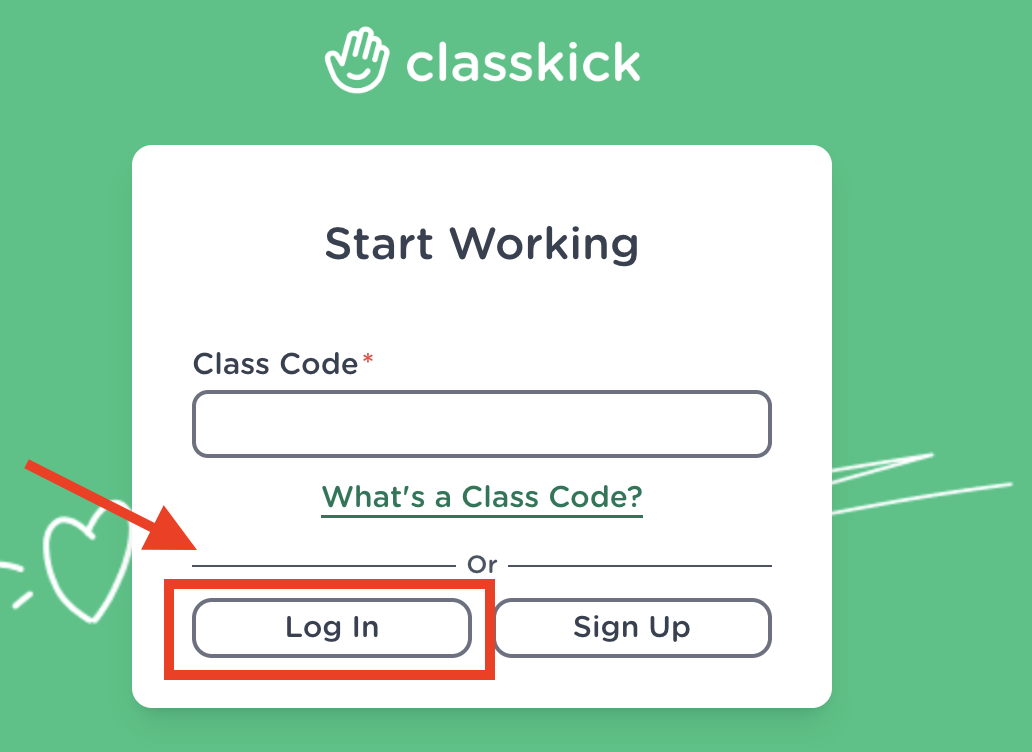 Classkick Start Working page showing the Class Code field and the Log In button highlighted.
