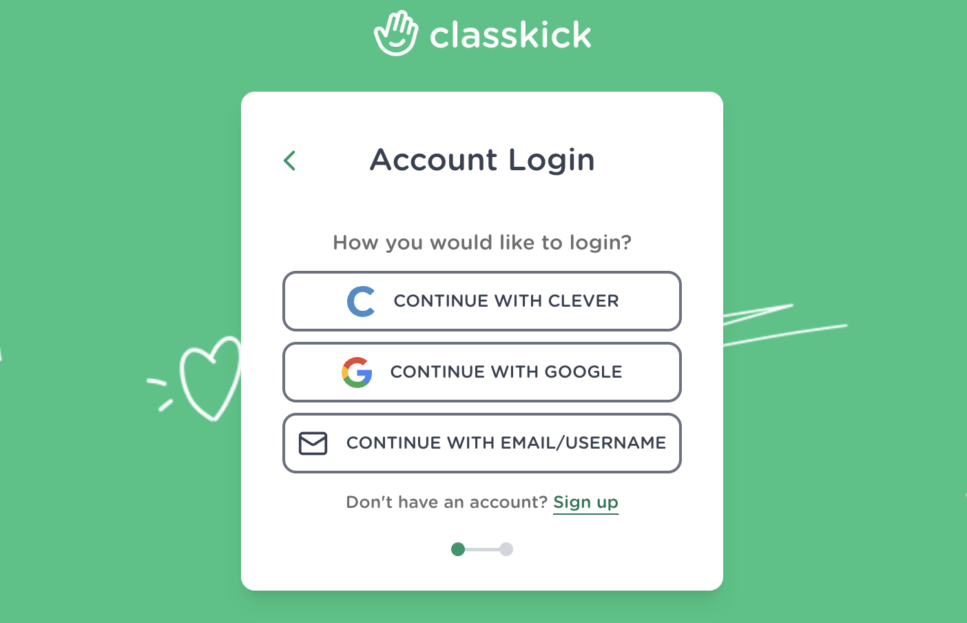 Classkick account login screen showing options to Continue with Google, Continue with Clever, or log in using an email or username and password.