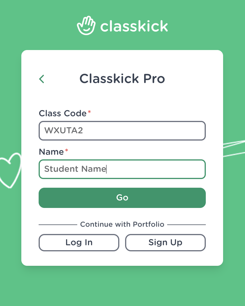 Classkick login screen showing where a Basic student enters their name and clicks Go to join the assignment.