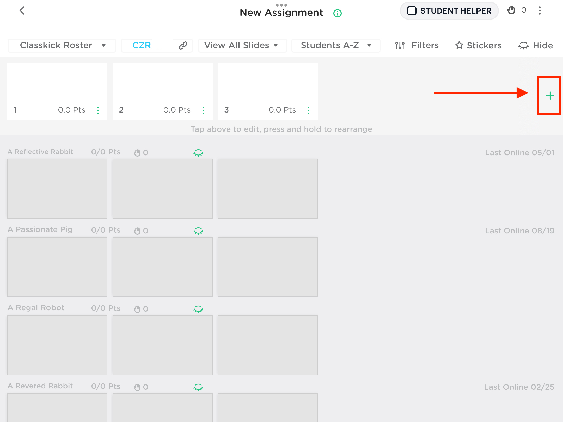 Classkick iPad app student work view showing the plus button used to add a new slide.