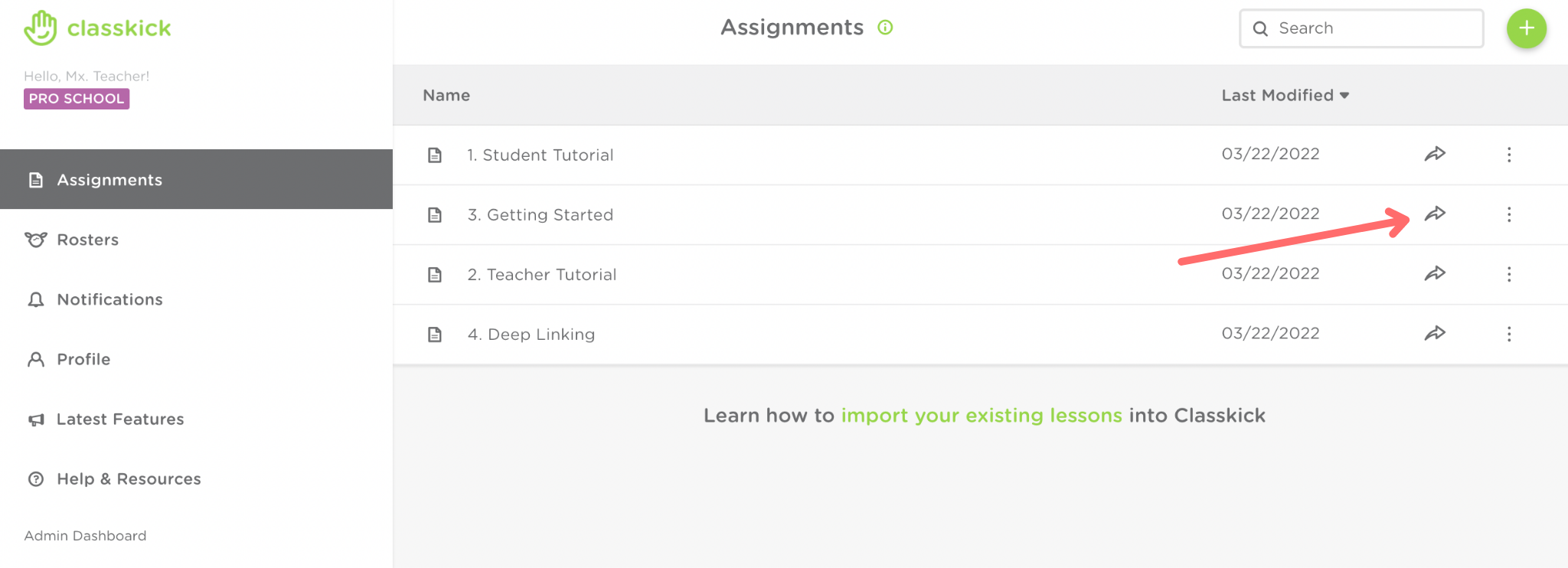 A teacher’s assignments dashboard. A red arrow points to the share assignment icon to the right of the Getting started assignment.