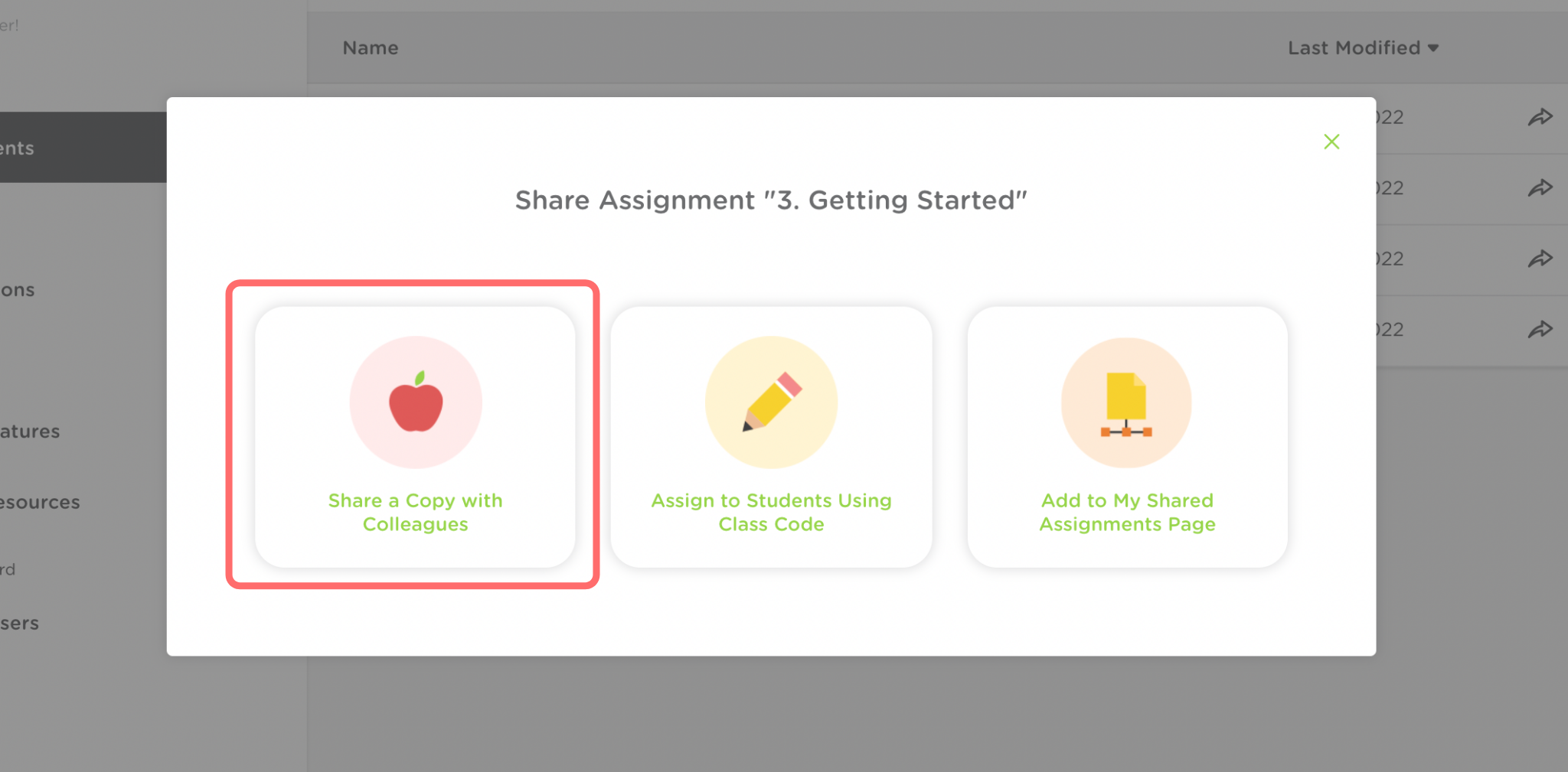 The Share assignment pop up window. Share a copy with colleagues is outlined in red.