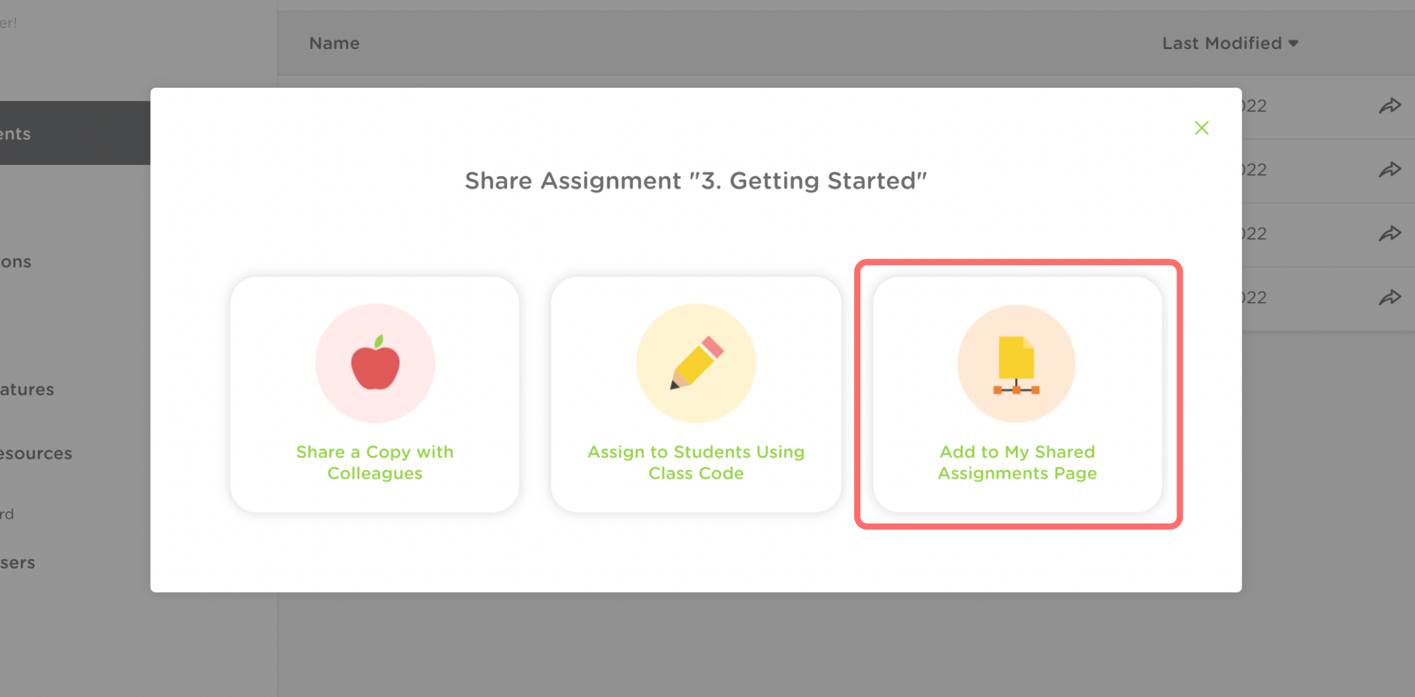 The Share assignment pop up window. Add to my shared assignments page is outlined in red.