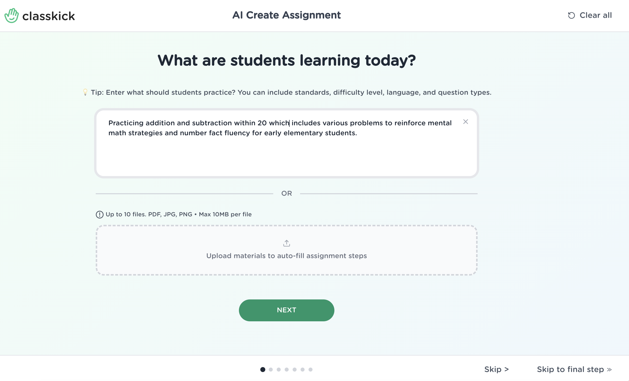 AI Create Assignment screen where teachers enter what students should practice and optionally add standards, difficulty level, language, and question types.