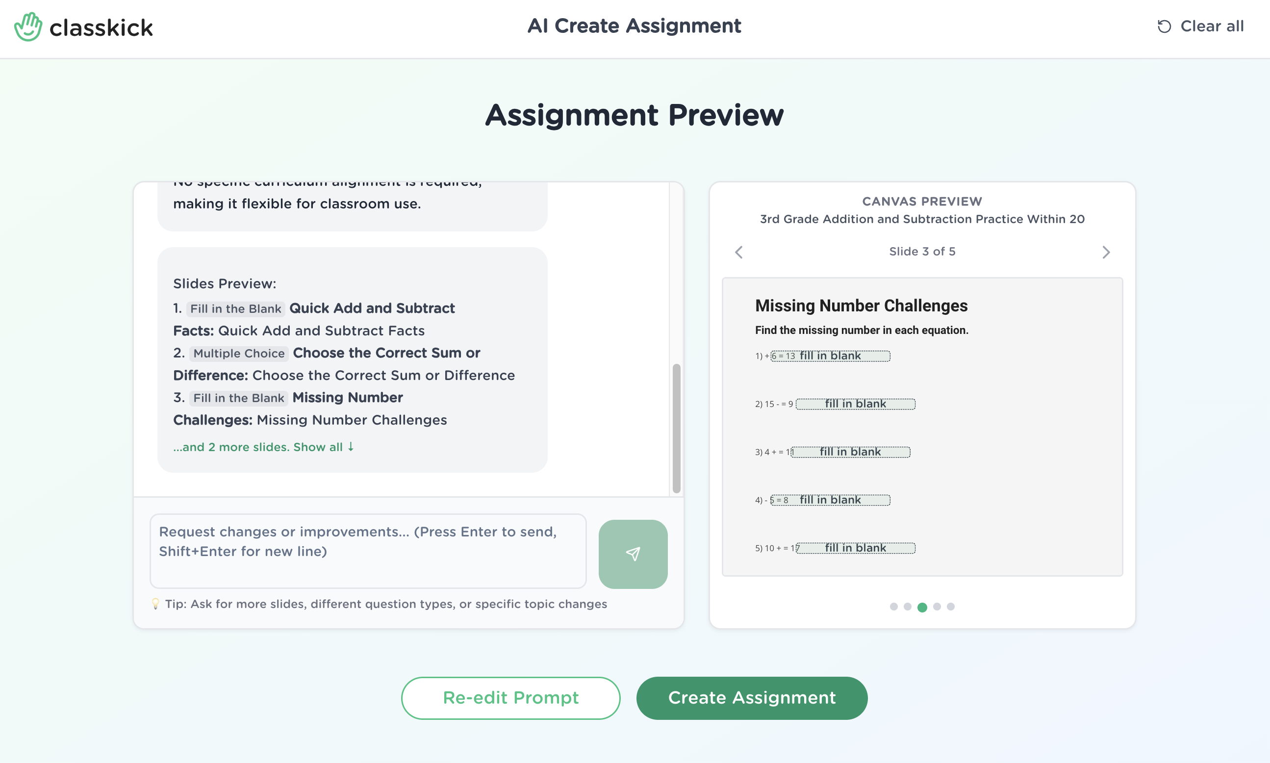 AI-generated assignment preview showing editable assignment slides and canvas preview in Classkick.