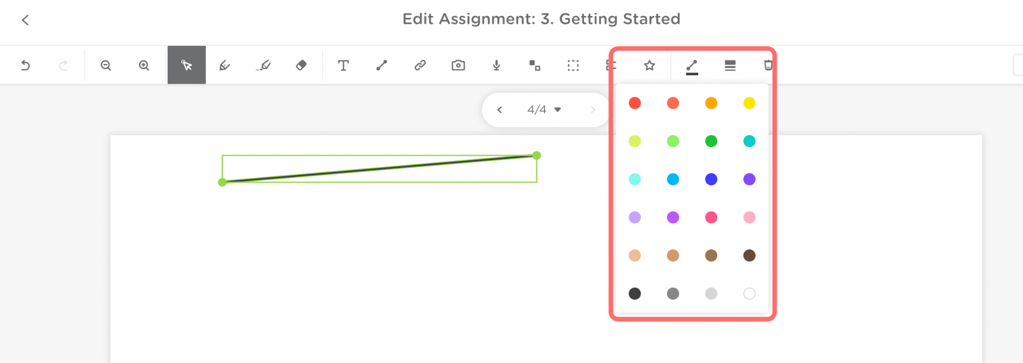 An assignment slide. A line is already on the slide. The Line color icon displays the different colors the line can be. The icon and colors are outlined in red.