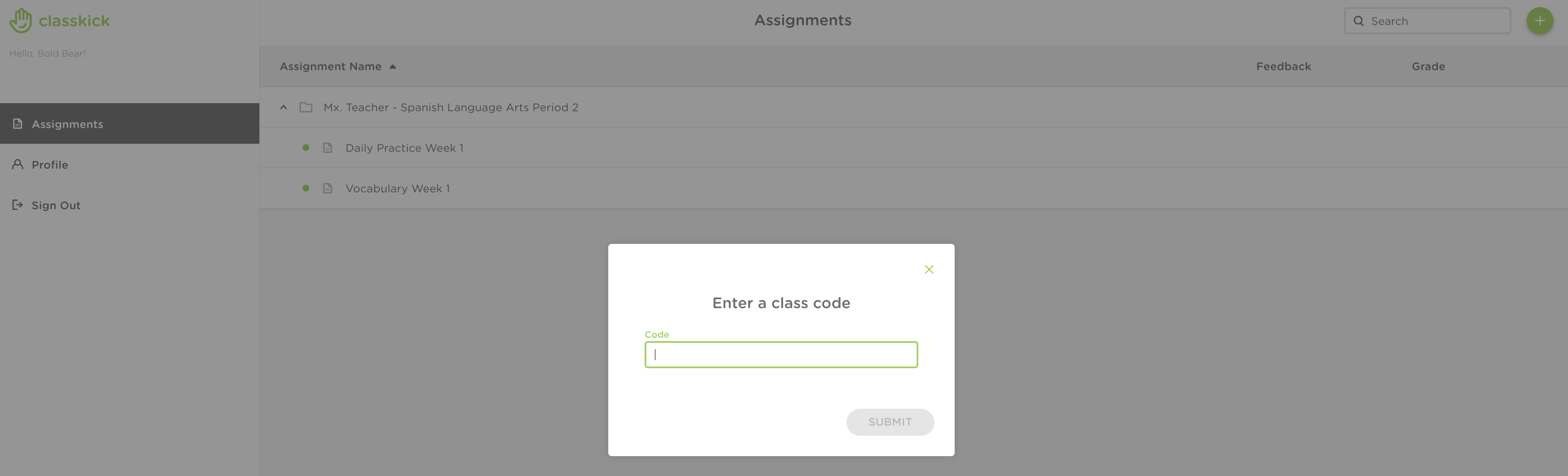 The Class code popup window that reads Enter a Class Code.