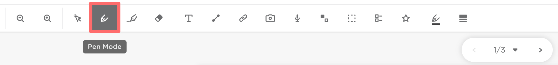 The tool bar. The Pen mode icon is outlined in red.