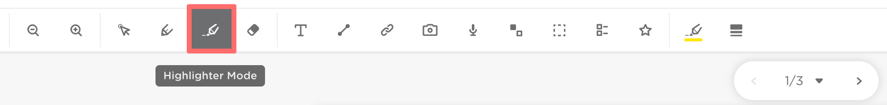 The tool bar. The highlighter mode icon is outlined in red.