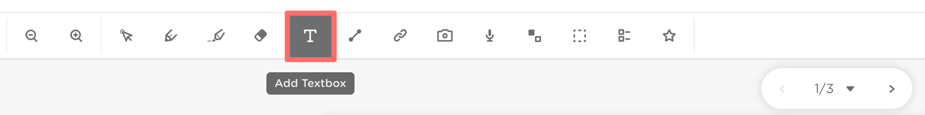 The tool bar. The Add text box icon is outlined in red.