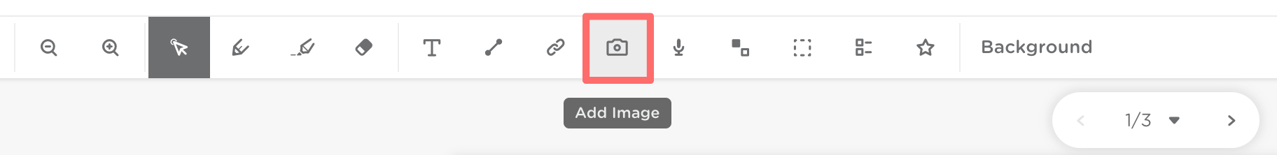 The tool bar on a slide. The add image icon is outlined in red.