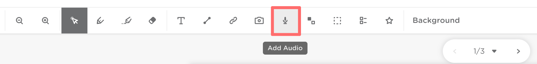 The tool bar on a slide. The add audio icon is outlined in red.