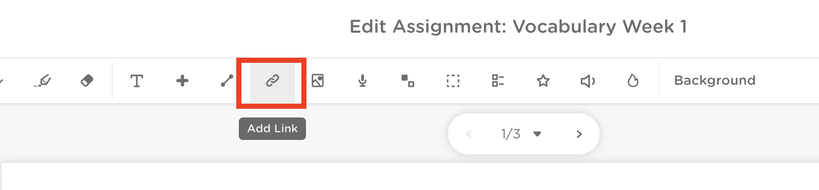 The tool bar on a slide. The add link icon is outlined in red.