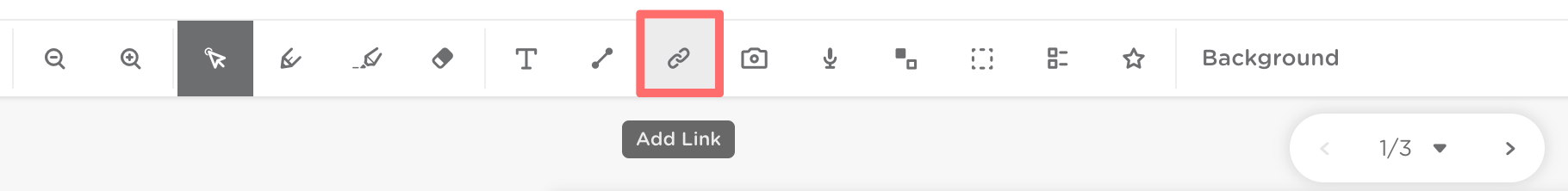 The tool bar on a slide. The add link icon is outlined in red.