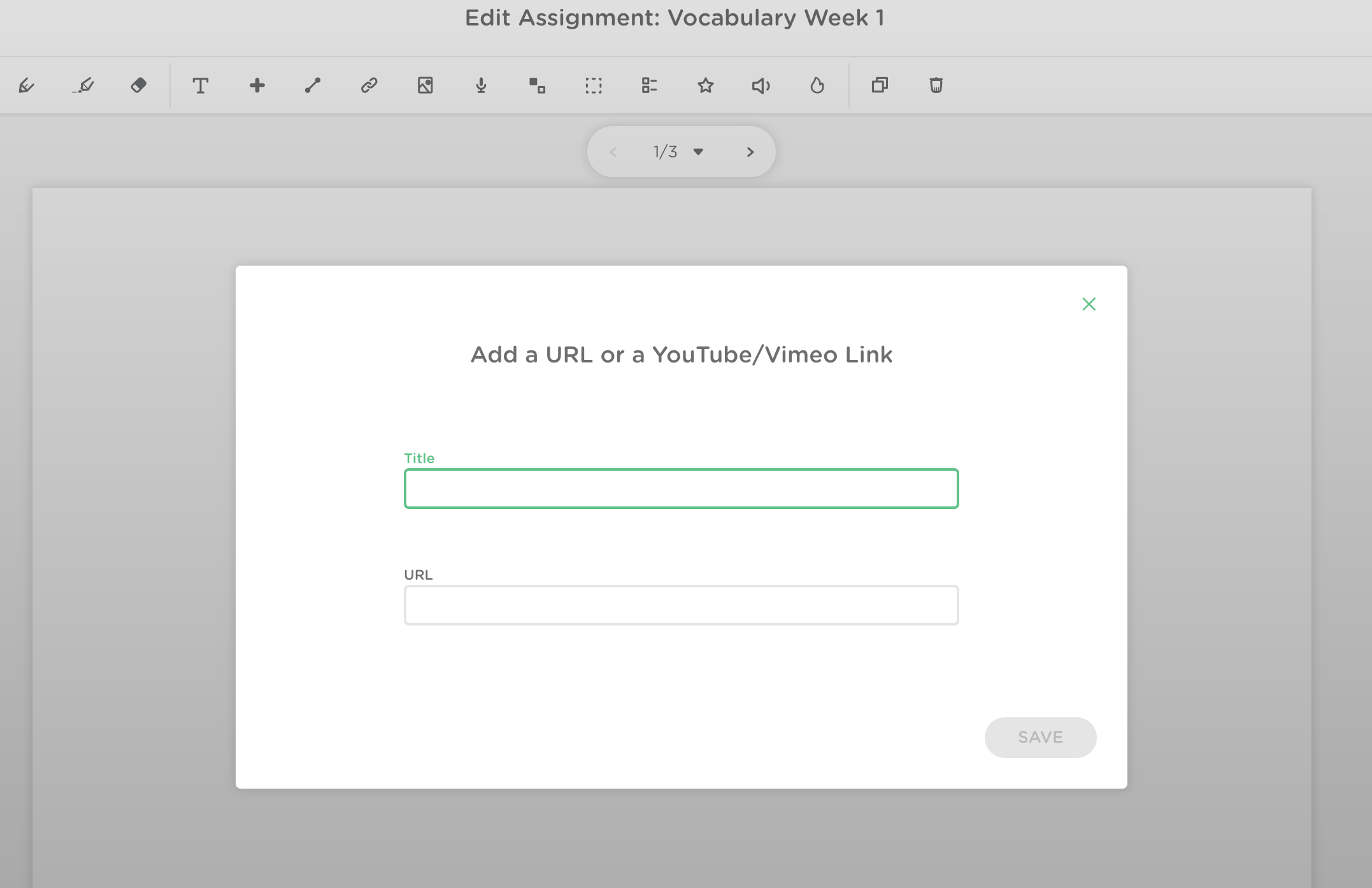 The add link pop up window. A title box and URL box are shown in the pop up window.