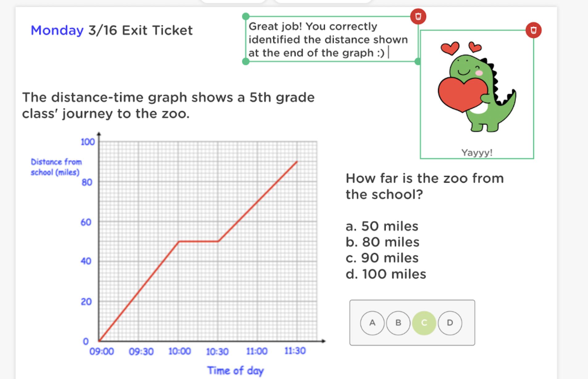 Teacher provides written feedback and a sticker on a student's distance-time graph assignment in Classkick.