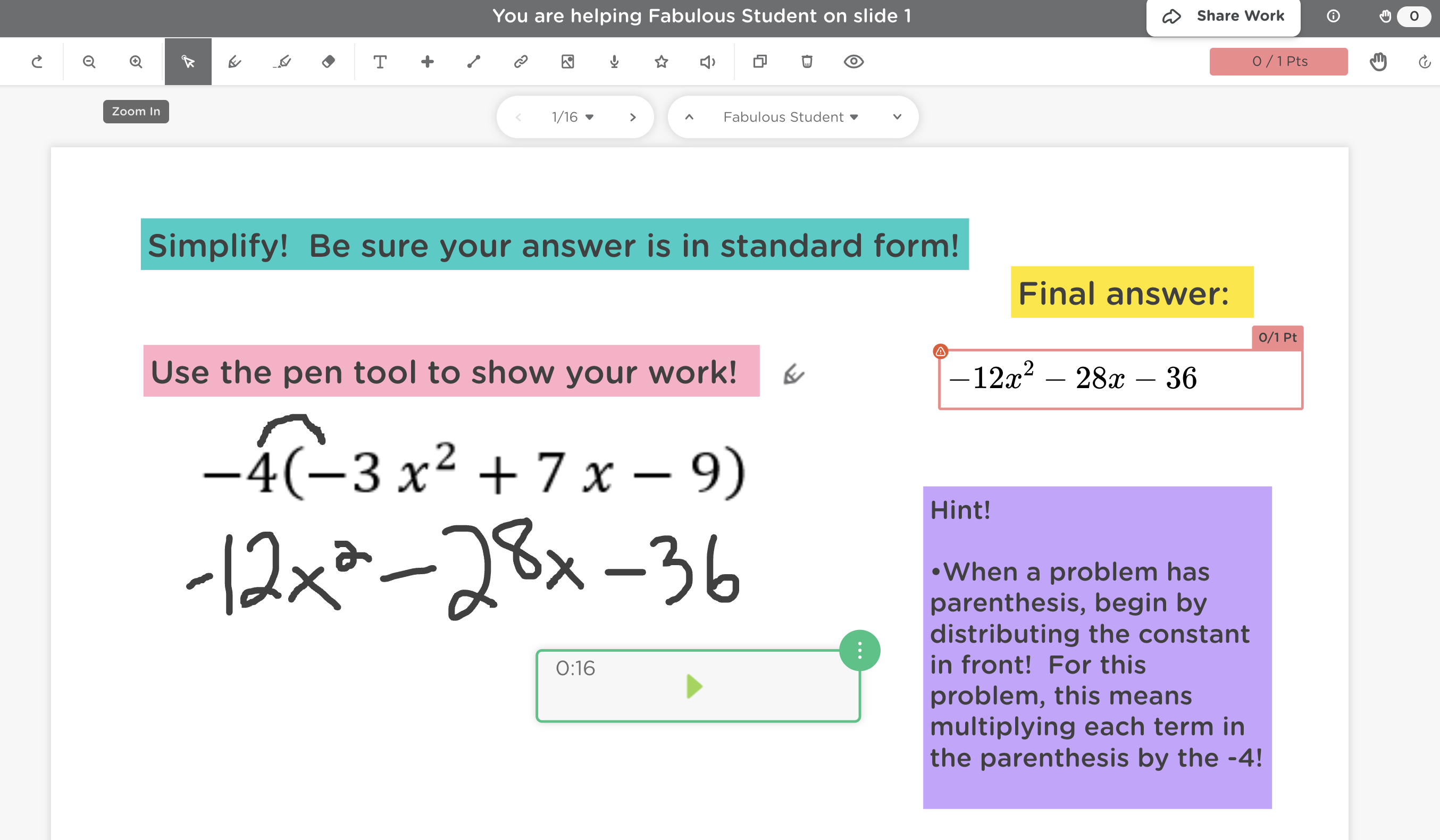Student math work in Classkick with teacher annotations and an audio feedback recording attached to the slide.