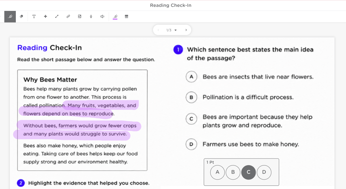 Reading comprehension check in Classkick showing a multiple-choice question and a student highlighting evidence in the passage to support their answer.