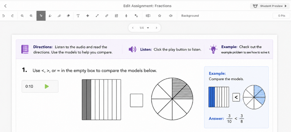 Fraction comparison activity in Classkick that combines written directions, audio instructions, visual models, and worked examples to support student learning.