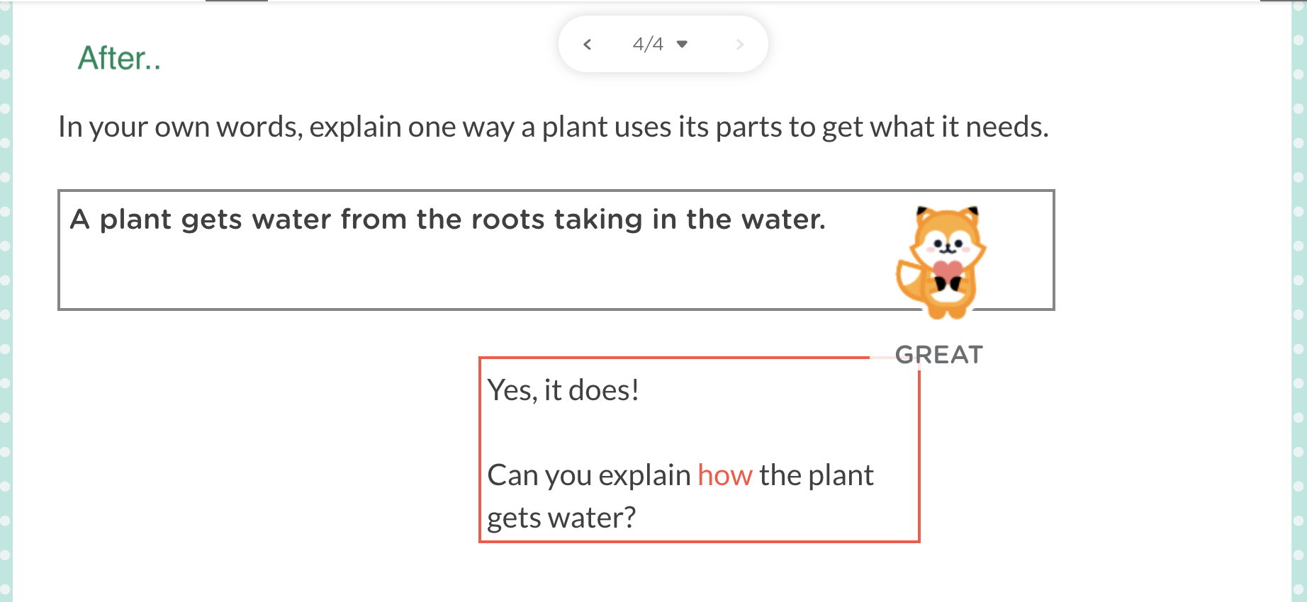 Before-and-after student response in Classkick showing how a student revised an answer after receiving teacher feedback and prompting questions.