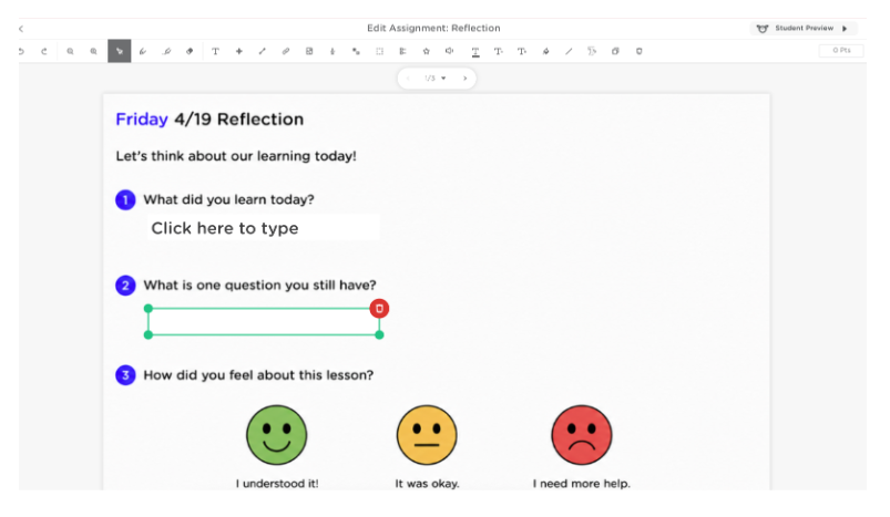 Student reflection activity in Classkick with prompts asking what was learned, what questions remain, and how the student feels about their understanding.
