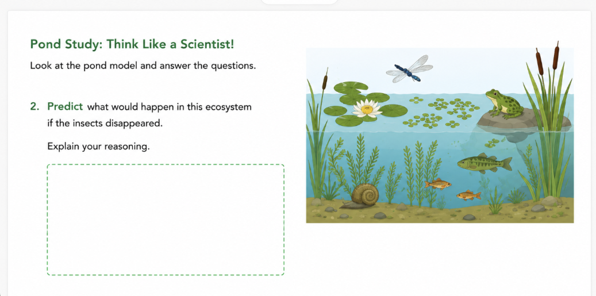 Science assignment in Classkick asking students to predict what would happen in an ecosystem and explain their reasoning in a written response.