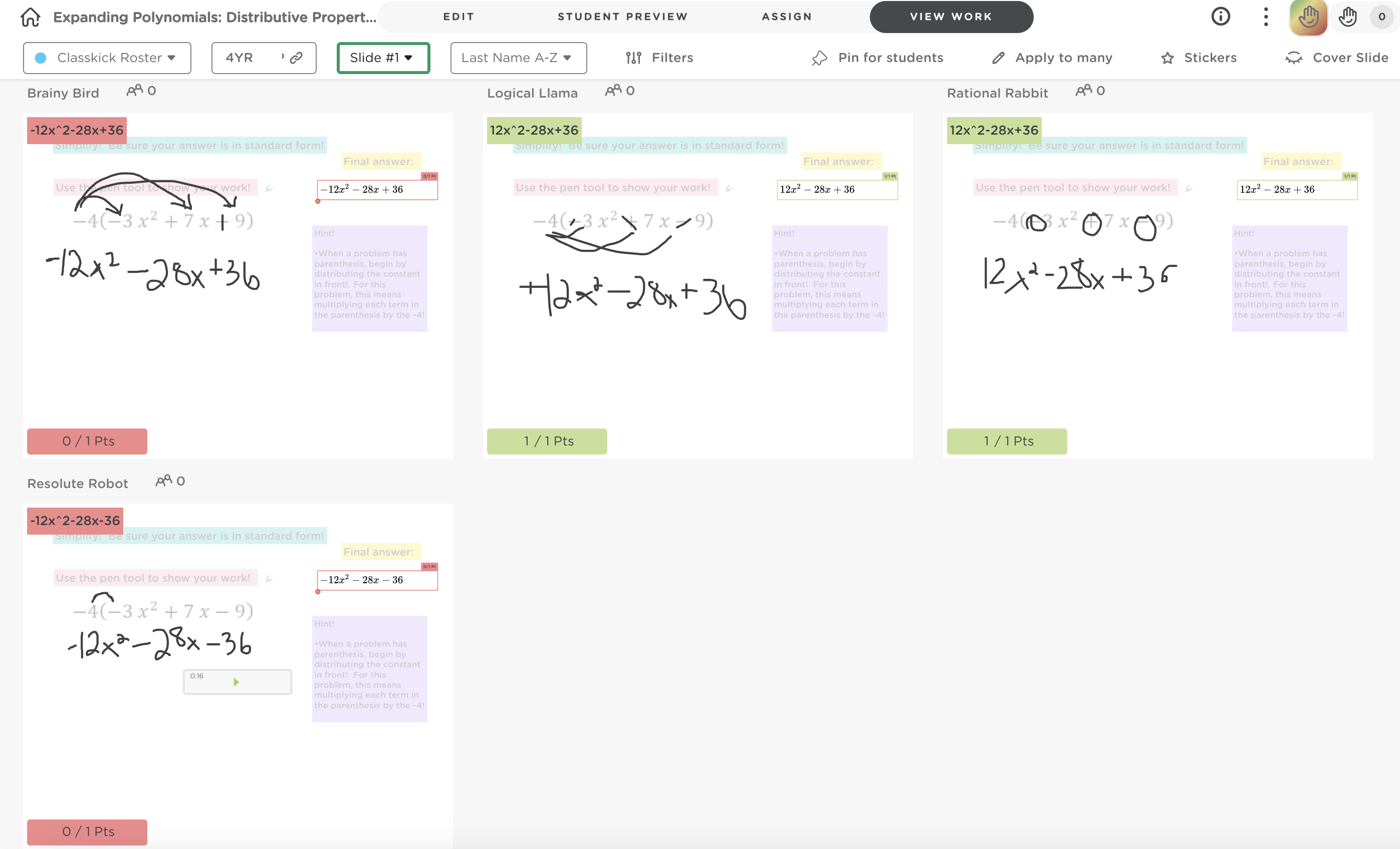 Teacher View Work dashboard in Classkick displaying multiple student responses side by side for use in whole-class discussion.