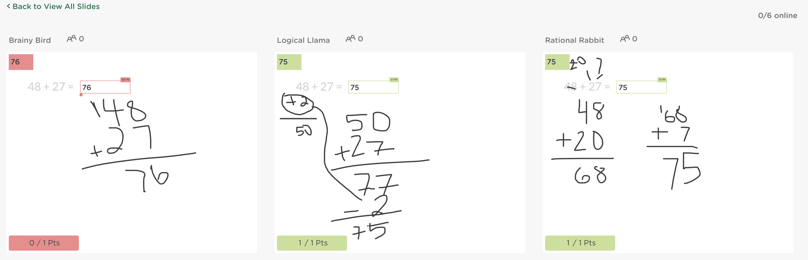 Multiple student solutions to the same math problem displayed in Classkick, allowing teachers to compare different problem-solving approaches.