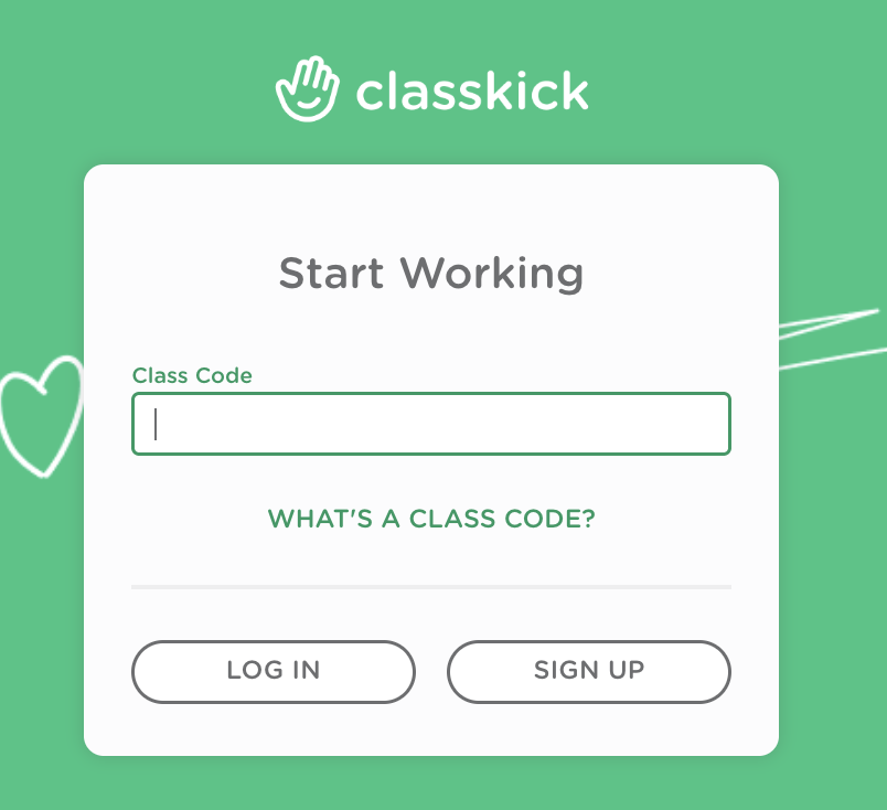 Student login page with the class code box shown.