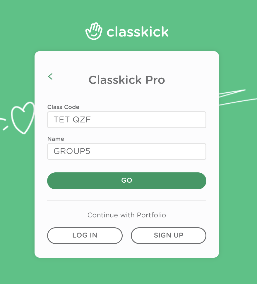 Student login page. A sample class code and group name are entered. 