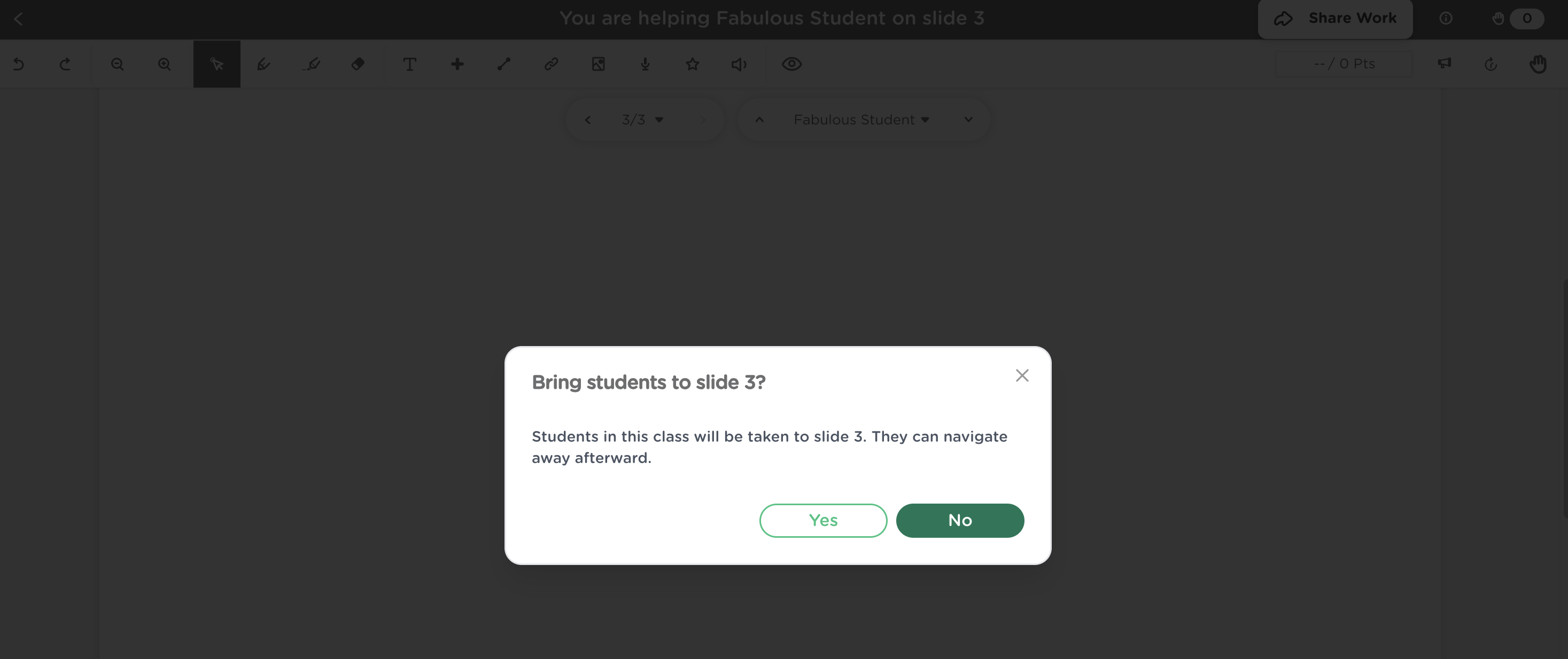 Confirmation dialog asking whether to bring students to the selected slide.