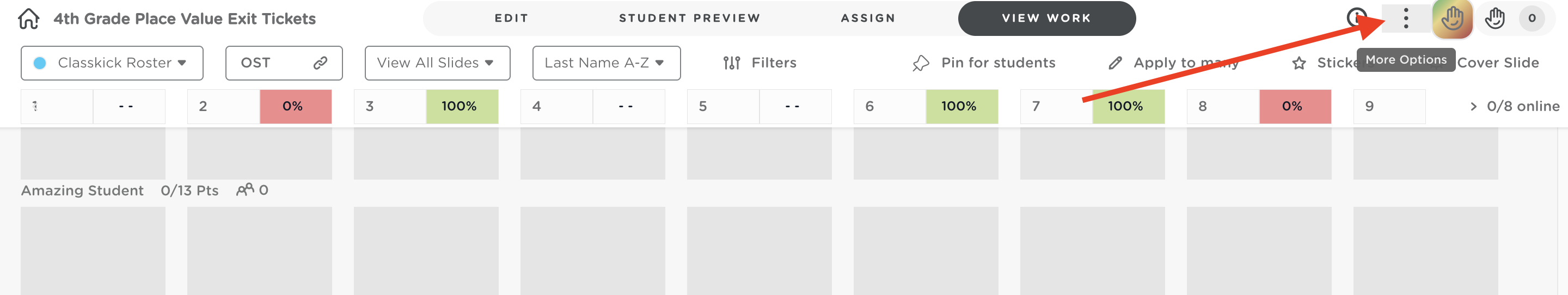 The More Options (three-dot) menu highlighted in the Student Work view of a Classkick assignment.