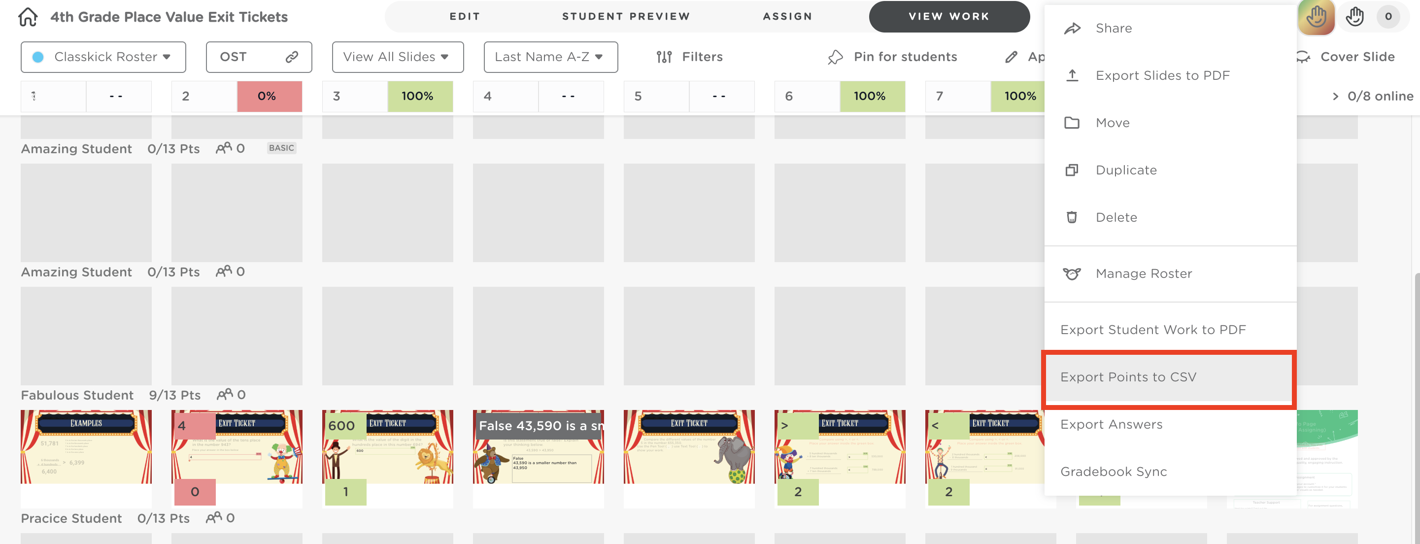 The More Options menu open with Export Points to CSV highlighted.