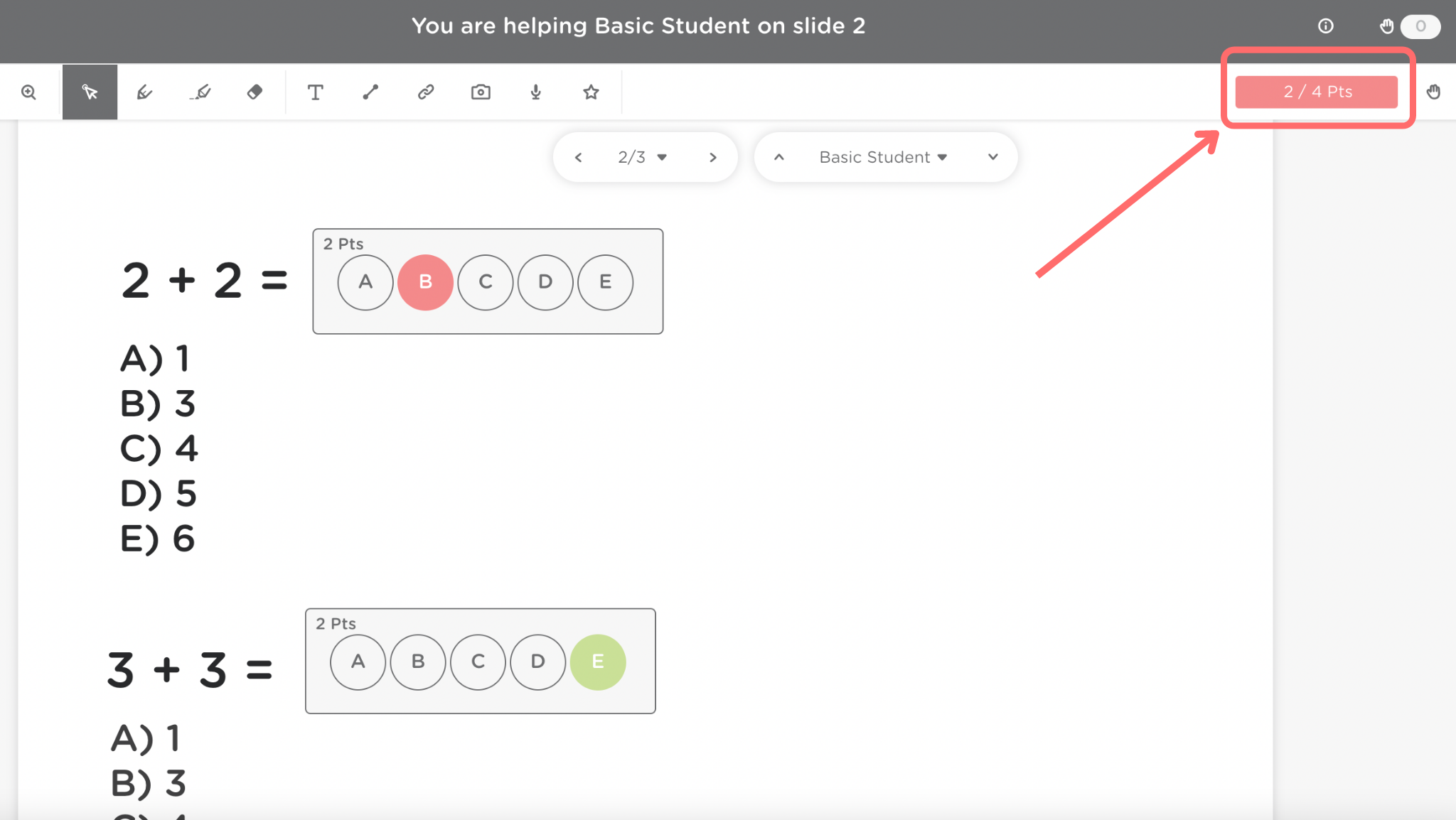 The teacher’s view of a student’s slide. Two multiple choice questions are on the slide. One is answered incorrectly and one is answered correctly. A red arrow points to the student’s total points (outlined in red) in the upper right hand side.