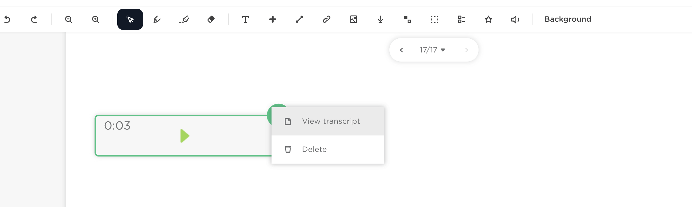 Audio recording with the menu selected, showing the View transcript option.