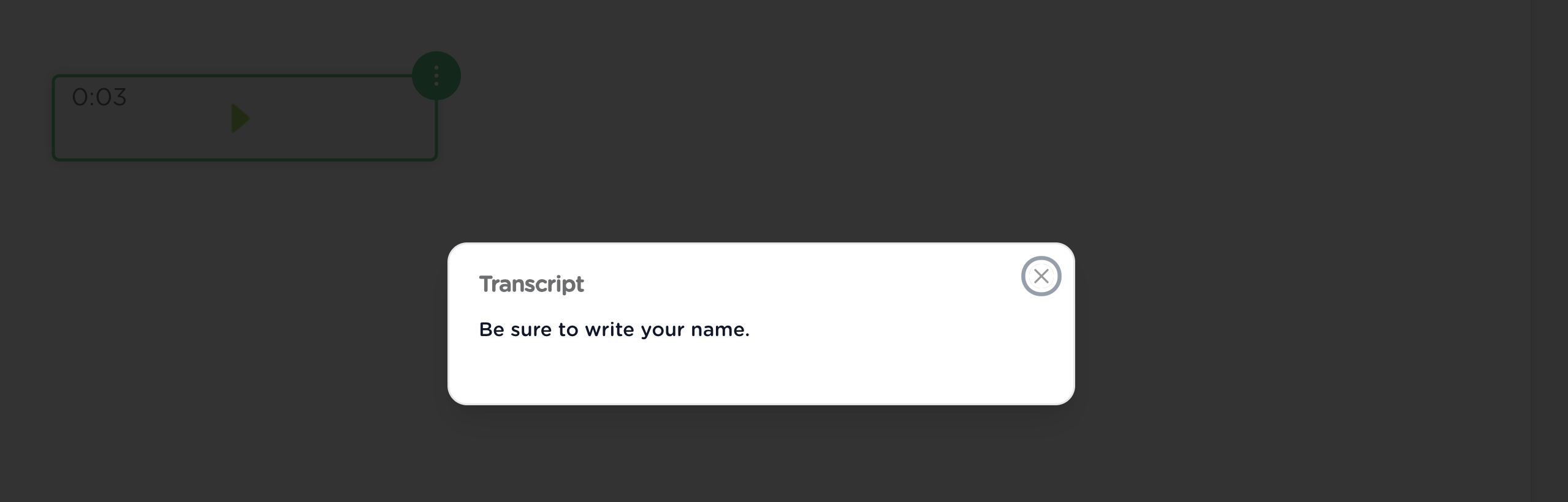 Transcript window displaying automatically generated text from an audio recording.